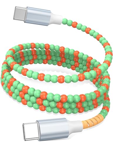 USB C to USB C Cable 6FT,60W Beaded Charger Cord Fast Charging for iPhone 17 16 15 Pro Max/iPad Pro Air 11th/for Samsung S26 S25 S24 Ultra S23 A16 A37/Android Phone Charger Cute Girl Women,GreenOrange - color: Green-Orange, size: 6FT/2M