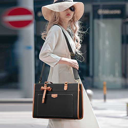 Keyli 3pcs Laptop Bag for Women,15.6 Inch Canvas Tote Bag Work Bags Large Business Computer Briefcase Shoulder Handbag Purse - color: Black_3pcs