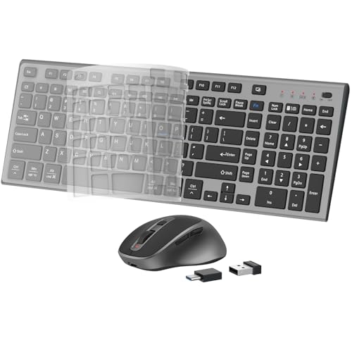 Rechargeable Wireless Keyboard and Mouse, with Number Pad Grey | Quiet Silent, Slim Thin Flat Low Profile Soft Key, USB C, with Skin Cover, Ergonomic Mouse, for Mac Windows PC, Home Office - color: Black Grey