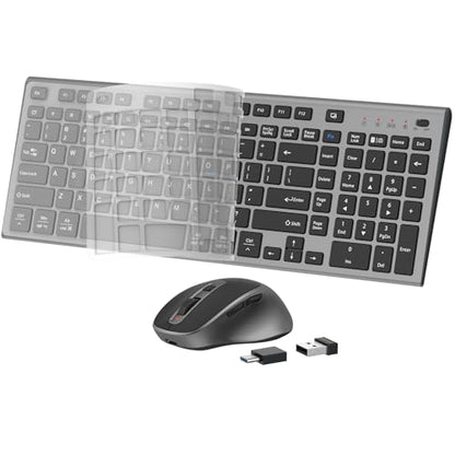 Rechargeable Wireless Keyboard and Mouse, with Number Pad Grey | Quiet Silent, Slim Thin Flat Low Profile Soft Key, USB C, with Skin Cover, Ergonomic Mouse, for Mac Windows PC, Home Office - color: Black Grey