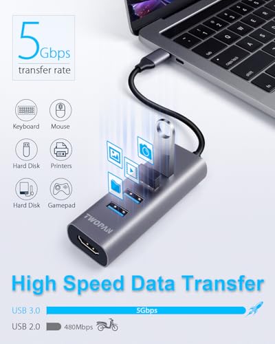 TWOPAN USB-C Hub with 4K HDMI, 4 USB 3.0 Ports, 5Gbps Data Transfer – Ultra-Compact Aluminum Adapter for MacBook, iPad Pro, XPS, Surface, ThinkPad & USB-C Laptops - color: Grey