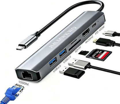 7-in-1 USB-C Hub with Gigabit Ethernet, 100W PD Fast Charging, 4K@30Hz HDMI Adapter, 2 USB 3.0 Ports, SD/TF Card Reader, and Aluminum Alloy Portable Docking Station for laptops/Phones (30Hz) - size: 30Hz