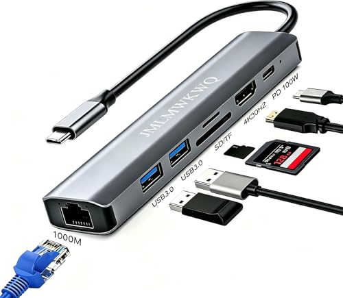 7-in-1 USB-C Hub with Gigabit Ethernet, 100W PD Fast Charging, 4K@30Hz HDMI Adapter, 2 USB 3.0 Ports, SD/TF Card Reader, and Aluminum Alloy Portable Docking Station for laptops/Phones (30Hz) | 100W PD Fast Charging, 2 USB 3.0 Ports, SD/TF Card Reader, Alu