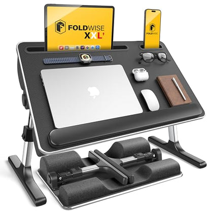 FoldWise 2-in-1 Bed & Lap Desk with Soft Cushion, Adjustable Height & Angle | Wrist Rest, Leather, iPad Holder & Stopper - Foldable Laptop Stand for Bed & Couch, Portable Bed Table Tray for Adults & Kids - color: Black