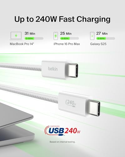 Belkin USB C to USB C 240W Braided Cable 6.6ft Fast iPhone Charger Cord | iPhone 17, Samsung Galaxy S26, Pixel 10, Airpods, iPad, Nintendo Switch 2, MacBook, Steam Deck, Travel, Chromebook, Braided - color: White, style: 6.6 ft