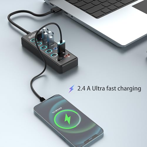 Powered USB 3.0 Hub, 6 Ports Hub Splitter with Power Adapter, 4 Data Ports + 2 QC 3.0 Fast Charging Ports, Individual LED Switches, Black