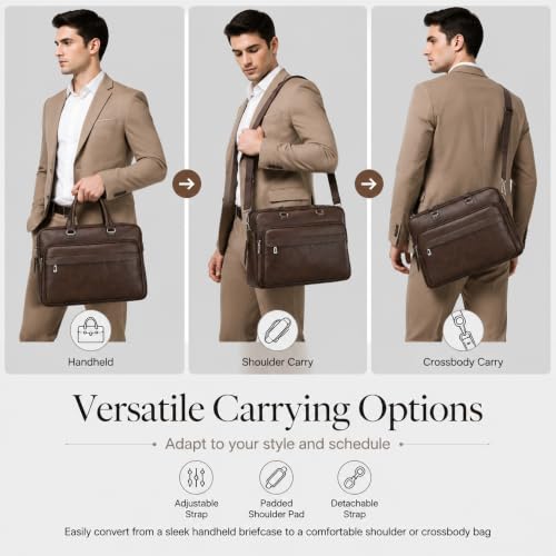 Men's Leather Laptop Bag 15 IN, Water-Resistant Briefcase Messenger Bag for Work, Business, Shoulder Crossbody Office Satchel - color: Brown