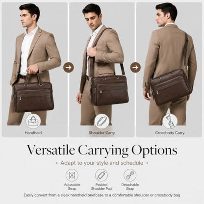 Men's Leather Laptop Bag 15 IN, Water-Resistant Briefcase Messenger Bag for Work, Business, Shoulder Crossbody Office Satchel - color: Brown