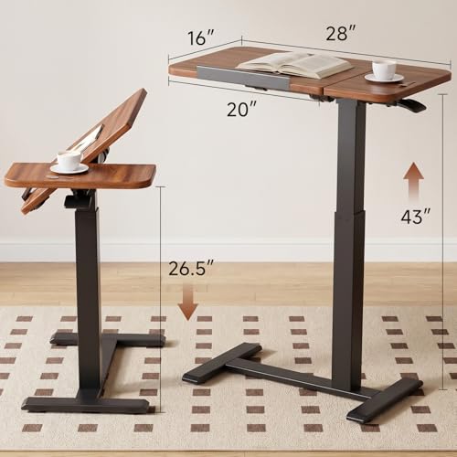 GTPLAYER Pneumatic Adjustable Standing Desk, 28 Inch Tiltable Mobile Rolling Laptop Table with Wheels, Overbed Bedside Table Computer Workstation for Home Office, Walnut - color: Walnut