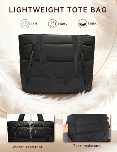 Puffer Tote Bag for Women, Nurse, Large Quilted Shoulder Bag with Cup Holder & Laptop Compartment for Work, Travel, Gym - color: Black
