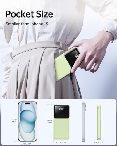 RONEGN Portable Charger with Built in Cable -20000mAh Fast Charging Power Bank USB C Slim 22.5W LED Display Battery Pack 5 Outputs & 3 Inputs for Travel Essentials iPhone Samsung Phones Green - color: Green