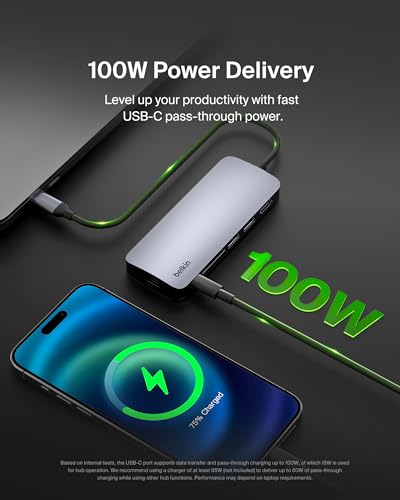 Belkin USB-C Hub 6 in 1 100W PD 4K HDMI, Ethernet & SD | Pass-through charging, 2 USB-A ports, gigabit ethernet, SD card slot, compatible with Neo MacBook, iPad Pro, and XPS - style: 6-in-1 Hub, 4K 60Hz