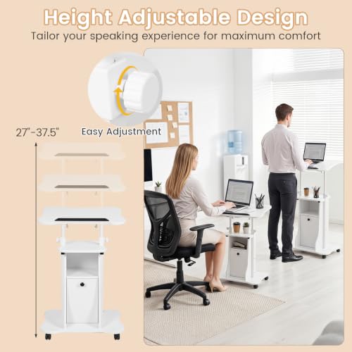 Giantex Mobile Podium Stand, Sit-to-Stand Laptop Cart with Tilting Tabletop & Storage Cabinet, Lockable Casters, Height-Adjustable Rolling Lectern for Classroom, Church, Home Office (White) - color: White