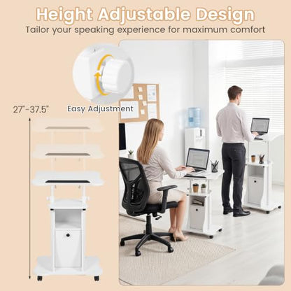 Giantex Mobile Podium Stand, Sit-to-Stand Laptop Cart with Tilting Tabletop & Storage Cabinet, Lockable Casters, Height-Adjustable Rolling Lectern for Classroom, Church, Home Office (White) - color: White