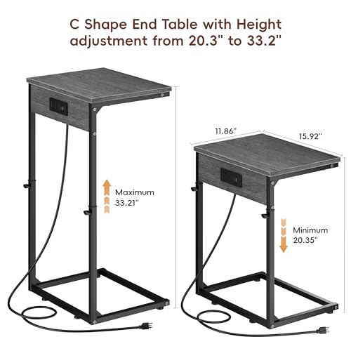 C Shaped End Table with Charging Station, Adjustable Height Side Table for Couch, Small Side Table, 33.2'' Tall Couch Tables that Slide Under, Tv Tray End Table for Living Room, Gray Walnut - color: Gray Walnut (1 Pack), style: With Plug