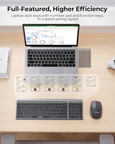 seenda COE401 3-Device Bluetooth Keyboard Mouse Combo, Silent, Black Gray | Rechargeable slim combo connects with 3 devices; quiet use for Windows, Mac, PC, laptop, MacBook and iPad - color: Black Gray