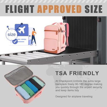 40L Travel Backpack, Flight Approved Carry On Laptop Backpack | Water-resistant, Personal Item Travel Bag, Fits 15.6/17.3 inch Laptop, Hiking, Camping, Business, Commute, Men & Women - color: Pink, size: Large