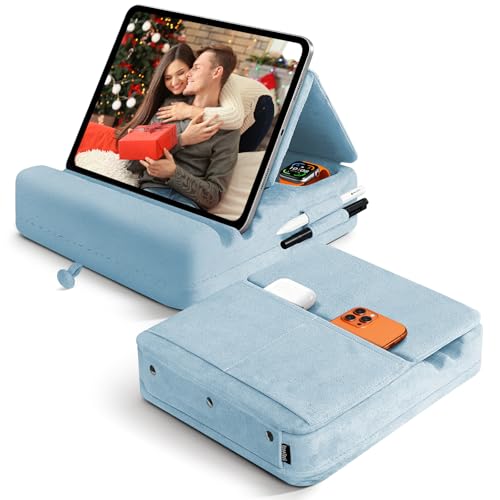 Tablet Pillow Stand with Storage, Foldable iPad Holder for Lep, Bed, Sofa, and Desk - Soft Pad Dock with Pocket and Stylus Mount Compatible with 4-13" iPad Pro/Air/Mini, Galaxy Tab, Kindle - color: Blue