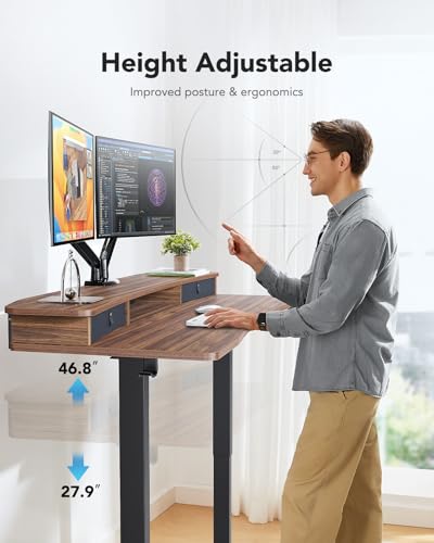 HUANUO 48″ x 24″ Electric Standing Desk with 2 Drawers, C-Clamp Mount Compatible, Height Adjustable Computer Desk, Home Office Stand Up Desk with 4 Preset Heights & 2 Hooks, Walnut - color: Walnut, size: 48" X 24"