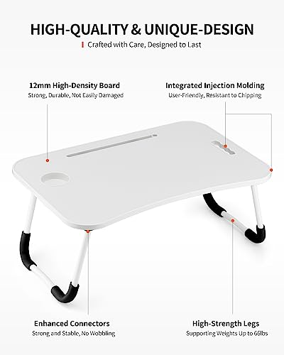 FISYOD Foldable Laptop Table, Portable Lap Desk Bed Table Tray, Laptop Stand with Cup Holder & Tablet Slot & Lifting Handle for Working Writing Drawing & Eating (White) - color: White