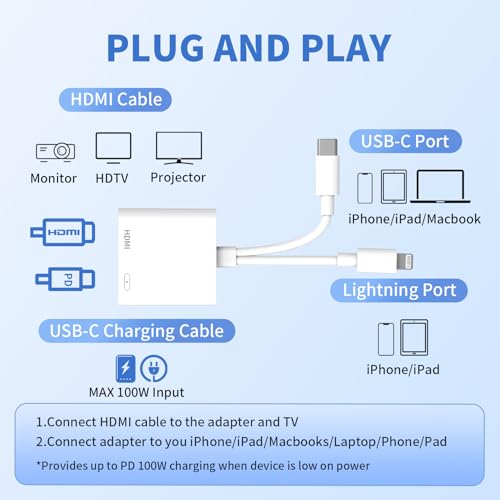 USB-C and Lightning to HDMI Adapter for iPhone ipad to TV [MFi Certified], 4K@60Hz Sync Screen Apple Lightning to Digital AV Adapter with 100W Charging Port for iPhone 17/16/15/iPad/MacBook to HDTV