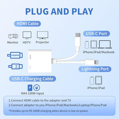 USB-C and Lightning to HDMI Adapter for iPhone ipad to TV [MFi Certified], 4K@60Hz Sync Screen Apple Lightning to Digital AV Adapter with 100W Charging Port for iPhone 17/16/15/iPad/MacBook to HDTV
