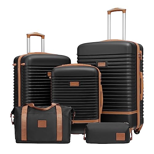 Coolife Suitcase Set 3 Piece Luggage Set Carry On Travel Luggage TSA Lock Spinner Wheels Hardshell Lightweight Luggage Set(Black, 5 piece set) - color: Black, size: 5 piece set