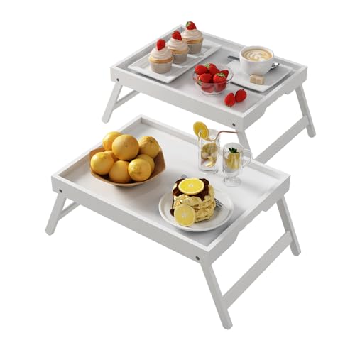 Youpehom Bamboo Bed Tray Tables with Folding Legs, Medium, 2-Pack, White | Two bamboo bed trays with folding legs and handles for meals, laptops, reading and serving in bed or on a sofa. - color: White-2 Pack, size: Medium