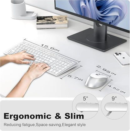 Rechargeable Wireless Keyboard and Mouse, with Number Pad Silver | Quiet Silent, Slim Thin Flat Low Profile Soft Key, USB C, with Skin Cover, Ergonomic Mouse, for Mac Windows PC, Home Office - color: Silver