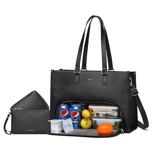 Keyli 3pcs Laptop Bag for Women 15.6 inch and Lunch Tote Bag for Women with Insulated Lunch Compartment Computer Briefcase - color: 1.0-black
