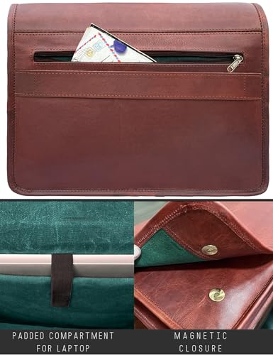 Leather Messenger Bag for Men & Women, 14" Vintage Crossbody Laptop Satchel | Fits 13.3 inches Laptop & iPad, Organized Pockets, Adjustable Shoulder Strap, Magnetic Closure, Travel Trolley Strap, Brown