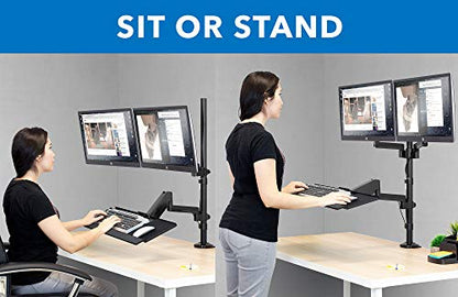 Mount-It! Dual Monitor Arm Desk Mount Sit-Stand Workstation with Keyboard Tray, Height Adjustable Gas Spring, Fits Two 17–32” Screens, 17.6 lbs Each, VESA 75x75 100x100, Clamp or Grommet (Black)