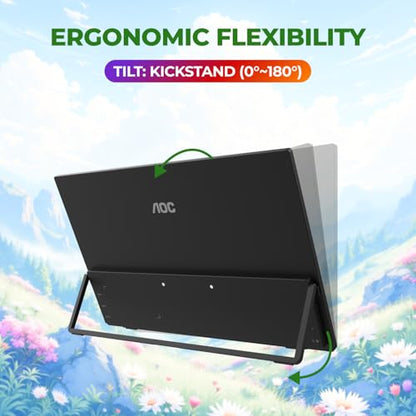 AOC 16" Portable Monitor FHD 60Hz USB-C IPS Ultra Slim Kickstand 16T30 | 1920×1080 Computer Monitor, USB-C 3.2, Mini HDMI, Built-in Speakers, Kickstand, Ultra Slim, VESA Mount, Low Blue Light - size: 15.6 inch Kickstand