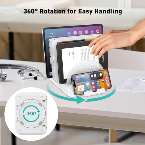 Vertical Laptop Stand Holder & Desk Organizer Rack - Adjustable Dock for MacBook, iPad, Phone (6-in-1 Multi Device Storage System with 360° Rotation) - color: White