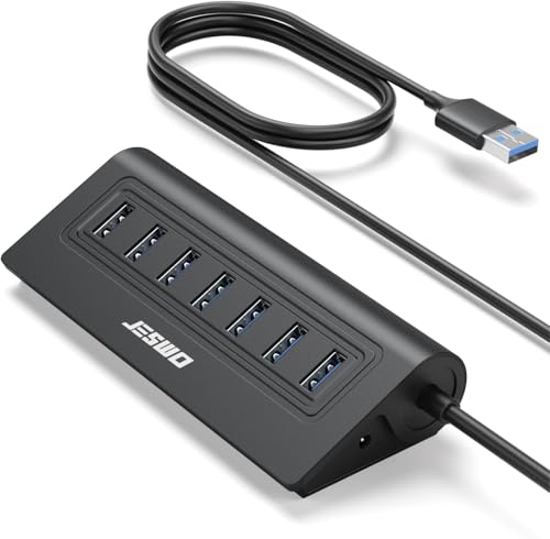 USB Hub 3.0, JESWO Aluminum 7 Port USB 3.0 Hub with 3.3Ft Cable, USB Splitter with 7-USB3.0 Data Ports Compatible with MacBook, Laptop,Surface Pro, PS5, PC and More (No Power Adapter Included) - color: Black
