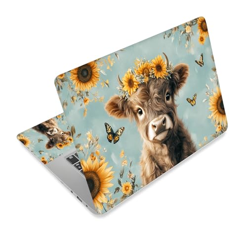Universal Laptop Skin Sticker Decal,15.6 Inch Laptop Vinyl Cover for 13" 14" 15.6" Laptop,Waterproof Scratch-Resistant Protector Wrap,Reusable with Wrist Pads,Sunflower Highland Calf - color: Sunflower Highland Calf