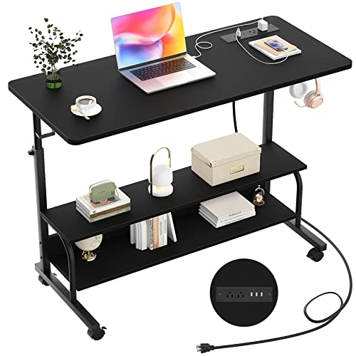 39" Rolling Standing Desk with Charging Station for Couch Bed | Height Adjust 27.5-41", 2 AC/3 USB, Mobile 4 Lockable Wheels, 2-tier Shelves Hook, Safe Corner Fast Assembly - color: Black, size: 39''