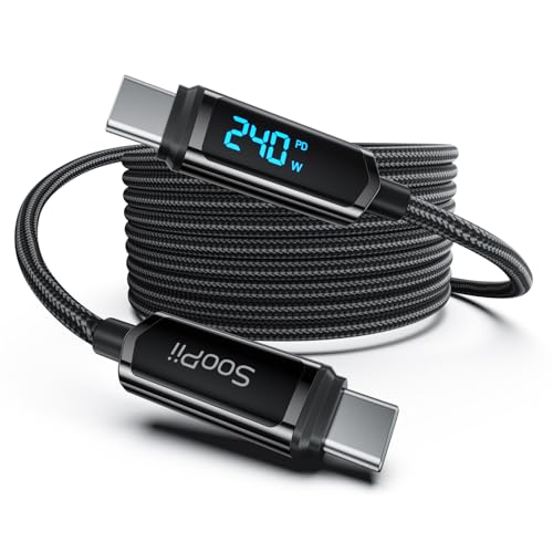 SOOPII USB C to USB C Cable [10ft], 240W USB C Cable,Nylon Braided Type C Fast Charging Cables with LED Display for lPhone 16/15 Pro Max, Galaxy S25/S24, MacBook Pro/Air, iPad, Laptop,Black - color: Black, size: 10 Feet 240W