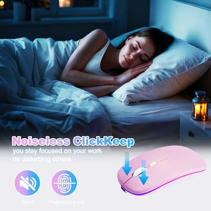 Wireless Bluetooth Mouse Rechargeable Long Lasting Dual Mode - BT 5.2 & 2.4G Silent RGB LED Mice, Slim Portable Ergonomic Mouse for Laptop/PC/Tablet/MacBook/iPad/Apple Devices(Pink) - color: Pink