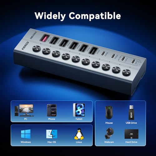 FIDECO 10-Port 72W Powered USB Hub, USB C Hub with 1 BC1.2, 2 PD 45W Charging Ports, and 7 USB 3.2 Ports (5 USB-A + 2 USB-C), Aluminum 10Gbps USB Hub for Laptop, PC, MacBook, iPhone 17/16/15, Grey