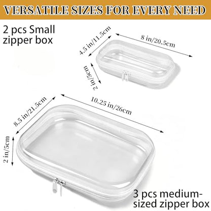 5-Pack Clear Hard Shell Zipper Case With Lids – 3 Large and 2 Small Clear Pencil Case, Stackable,Zipper Pouches Hard Shell for Cosmetics, Charging Cables, Sketch Supplies