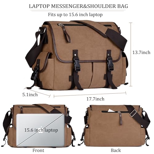 15.6 Inch Laptop Messenger Bag for Men Women, Canvas Computer Shoulder Bag, Work Briefcase for Business College Travel | Anti-theft Design - color: Coffee