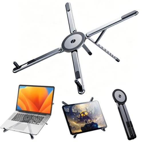 3-in-1 Magnetic Laptop Phone Tablet Adjustable Aluminum Stand | 8-Tier Ergonomic Lift Design, N55 Strong Magnetic, Infinite Multi-angle, Portable Pocket Size for Travel Vlog Office Zoom - color: Grey