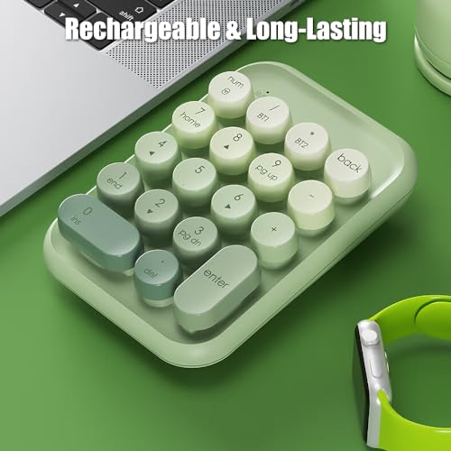 Typewriter Style Number Keypad Wireless 2.4G/Bluetooth/USB-C Wired | Rechargeable Numeric Pad Linear Membrane Switch 18-Key NKRO Retro Round Keycaps Portable for Multi-Device, Matcha Green