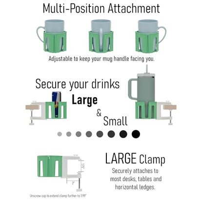 Original Large Desk Cup Holder Clamp Green | Anti-Spill Mount, Multi-Directional Drink Holder, Headphone Hanger, For Table, Desks, Office & Gaming Setup - color: Green