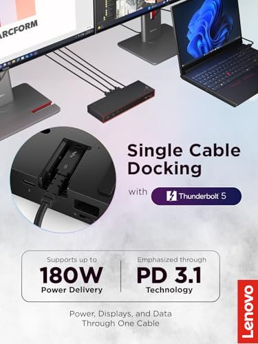 Lenovo ThinkPad Thunderbolt 5 Smart Dock 7500, 120Gbps Data Transfer, 180W Power Delivery, Multiple Display Support, 2.5Gbps Ethernet, Black