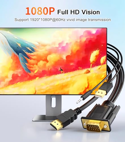 VGA to HDMI Adapter Cable 6FT, VGA (Source) to HDMI (Display) Cable with Audio & USB Power, 1080P@60Hz Display Cord from Desktop PC Laptop to TV Monitor Projector