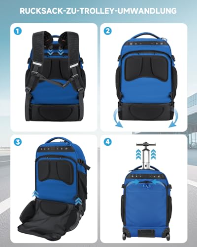 2-in-1 Detachable Rolling Backpack & Daypack, 56L Large Backpacks with Wheels Fits 17 Inch Laptop, Water Resistant, Carry On Luggage for College, Travel, Camping, Hiking Blue - color: Blue, style: Rolling Backpack