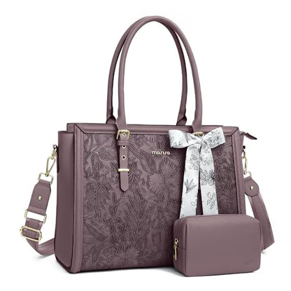 MOSISO Laptop Bag for Women, 17-17.3 inch PU Leather Tote Bag | Compatible with MacBook, HP,Dell, Front Embossed Retro Hibiscus Computer Bags with Silk Scarf&Clutch Purse, Slate Purple - color: Slate Purple, size: 17.3 inch