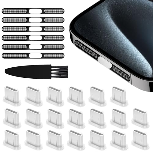 USB C Dust Plug, Type C Anti Dust Plugs Cover Charging Port Protector Cap 20 PCS White for iPhone 16 15 Pro Max Plus, Phone Speaker Cover Stickers 6 PCS with Cleaning Brush Accessories